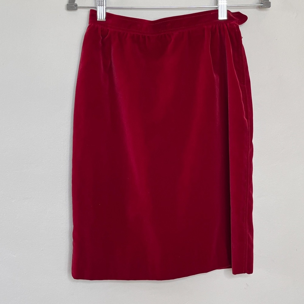 Saint Laurent Rive Gauche Vintage‎ Velvet Pencil Skirt Womens XS (FR38) Wine Red